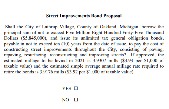 2020 Street Improvements Bond Proposal